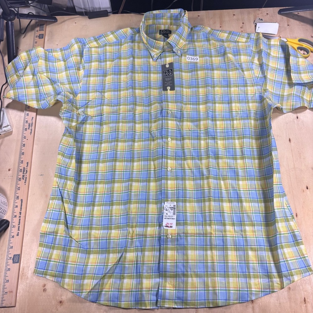 Jos A Bank Mens XL Traveler Linen Plaid Short Sleeve Button Shirt NWT